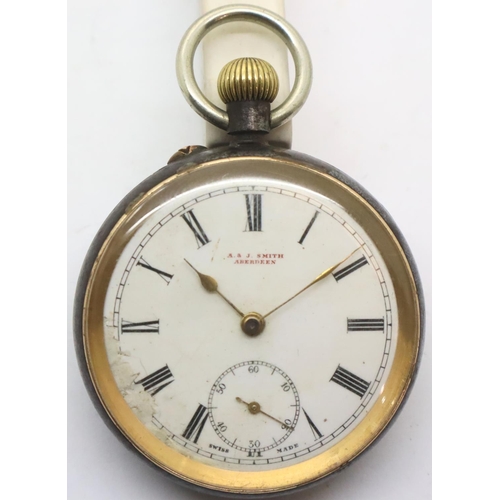 115 - Gunmetal and gold plated crown wind pocket watch by A&J Smith Aberdeen. P&P Group 1 (£14+VAT for the... 