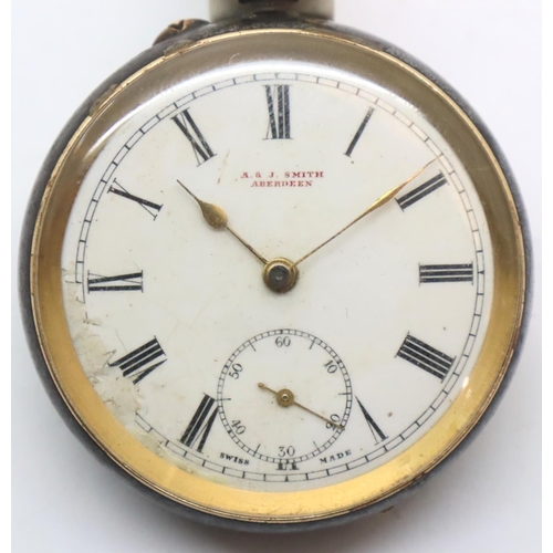 115 - Gunmetal and gold plated crown wind pocket watch by A&J Smith Aberdeen. P&P Group 1 (£14+VAT for the... 