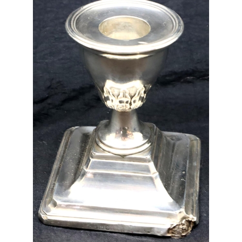 143 - Single hallmarked silver weighted square candlestick, H: 9 cm. P&P Group 1 (£14+VAT for the first lo... 