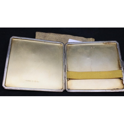 153 - Vintage 1939 hallmarked silver cigarette case in original pouch, 95g, vacant cartouche and original ... 