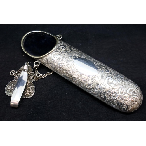 162 - Silver plated chatelaine spectacles case engraved with swags and scrolls with vacant cartouche. P&P ... 