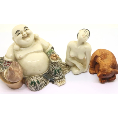 172 - Carved wood netsuke and two oriental figures. P&P Group 1 (£14+VAT for the first lot and £1+VAT for ... 