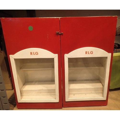 1060 - Vintage type two door glazed wall mounted cabinet with white painted shelving and storage to the bas... 