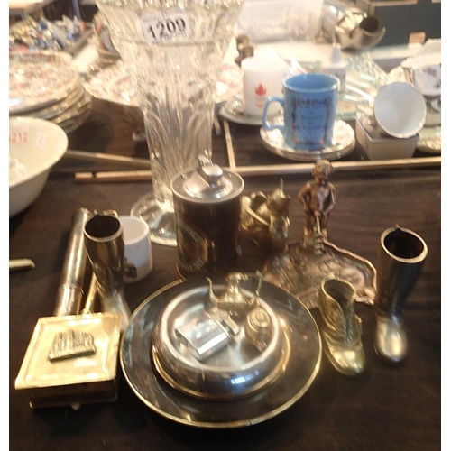 1209 - Collection of mixed brass and metal ware including advertising table lighter and a vase. Not availab... 