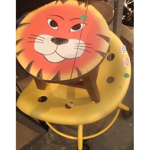 1232 - Two stools, one with a Tiger decorated top and swivel stool. Not available for in-house P&P, contact... 