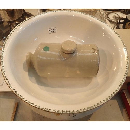 1250 - Two decorative ceramic wash bowls and an antique bed warmer. Not available for in-house P&P, contact... 