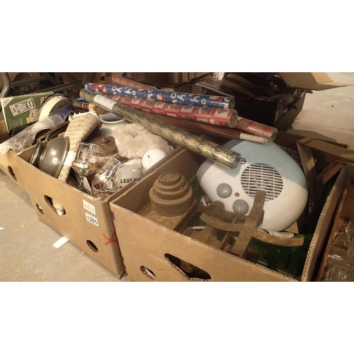 1285 - Four boxes of mixed items to include ceramics and glassware and a set of vintage scales etc. Not ava... 