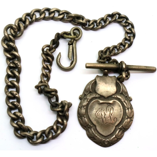 118 - Hallmarked silver single Albert pocket watch chain with a silver fob, 29g Chester assay, with an ant... 