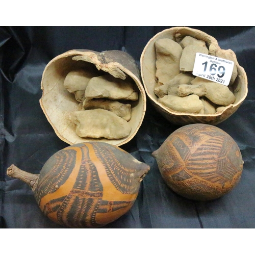 169 - Three Aboriginal painted seed pods from boab tree decorated with animals, one damaged. P&P Group 2 (... 