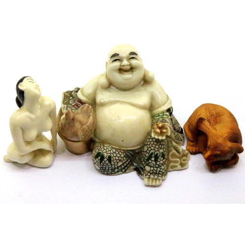 172 - Carved wood netsuke and two oriental figures. P&P Group 1 (£14+VAT for the first lot and £1+VAT for ... 