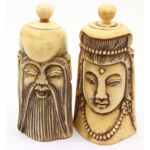 174 - Pair of Oriental carved bone scent bottles, H: 8 cm. P&P Group 1 (£14+VAT for the first lot and £1+V... 