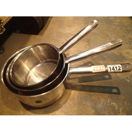 1412 - Set of three judge aluminium cooking pans. Not available for in-house P&P, contact Paul O'Hea at Mai... 