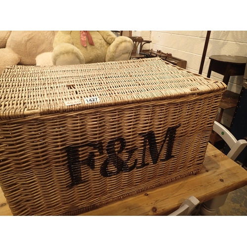 1427 - Large wicker hamper stamped F&M, 77 x 53 cm. Not available for in-house P&P, contact Paul O'Hea at M... 