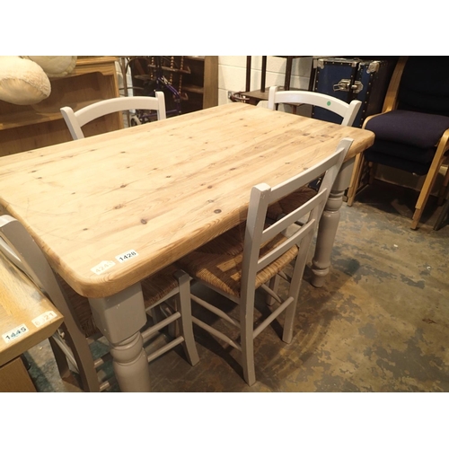 1428 - Modern pine and painted dining table and four painted ladderback dining chairs. Not available for in... 