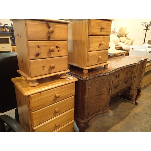 1433 - Pine five drawer chest of drawers and two three drawer pine bedside chest of drawers. Not available ... 