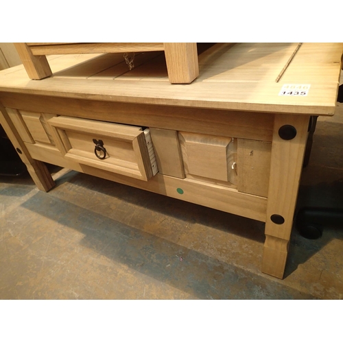 1435 - Mexican pine type coffee table with single drawer, 100 x 60 cm. Not available for in-house P&P, cont... 