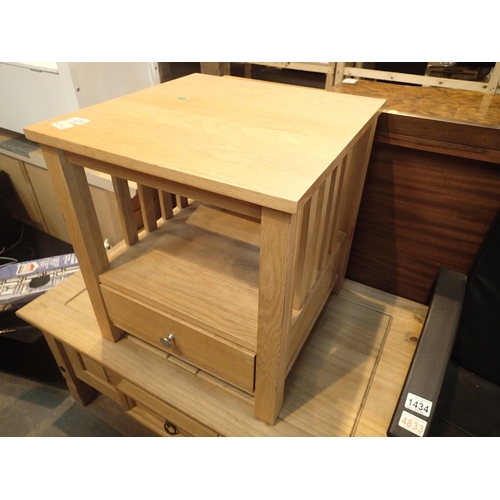 1436 - Heavy pine side table with single drawer, 51 x 51 x 56 cm. Not available for in-house P&P, contact P... 