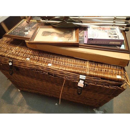 1449 - Large vintage wicker theatrical style hamper with rough iron fittings. Not available for in-house P&... 