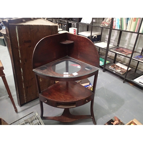 1480 - 19thC mahogany corner wash stand, ceramic inserts later replaced with a glass shelf, 43 x 43 x 106 c... 