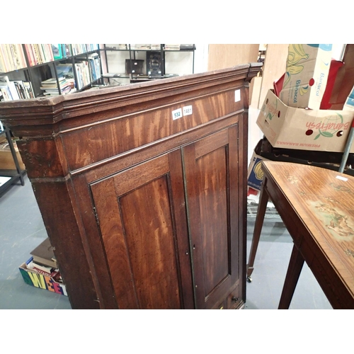 1481 - George III mahogany two door corner cupboard with three drawers, W: 87 cm, H: 118 cm. Not available ... 