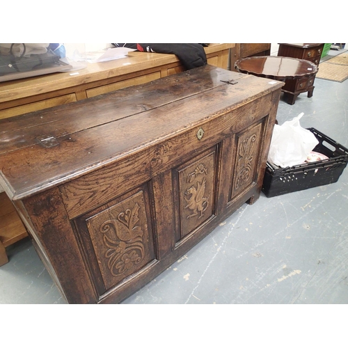 1494 - Antique Welsh oak paneled coffer with carved dragon detail. Not available for in-house P&P, contact ... 