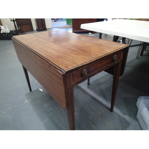 1497 - Edwardian inlaid mahogany Pembroke table with single drawer and later fitted handles, 90 x 104 (open... 