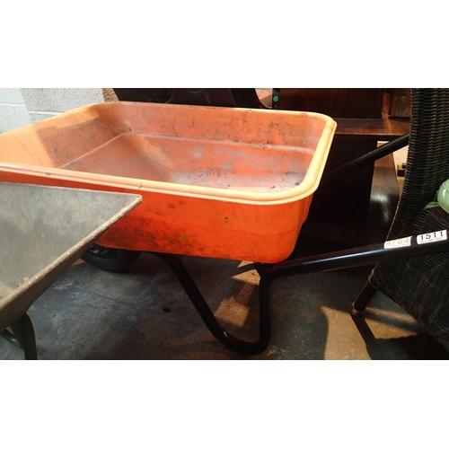 1511 - Orange plastic B&Q wheelbarrow with pneumatic wheel. Not available for in-house P&P, contact Paul O'... 