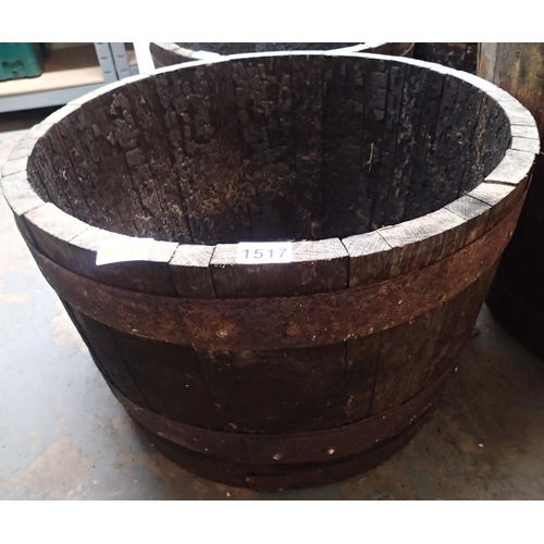 1517 - Oak half barrel planter, D: 54 cm, H: 33 cm. Not available for in-house P&P, contact Paul O'Hea at M... 