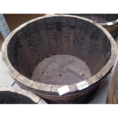 1519 - Oak half barrel planter, D: 56 cm, H: 36 cm. Not available for in-house P&P, contact Paul O'Hea at M... 