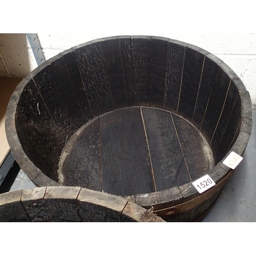 1520 - Oak half barrel planter, D: 62 cm, H: 30 cm. Not available for in-house P&P, contact Paul O'Hea at M... 