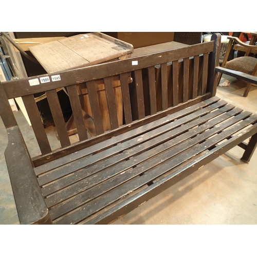 1545 - Stained oak three seater garden bench. 152 x 57 x 86 cm. Not available for in-house P&P, contact Pau... 