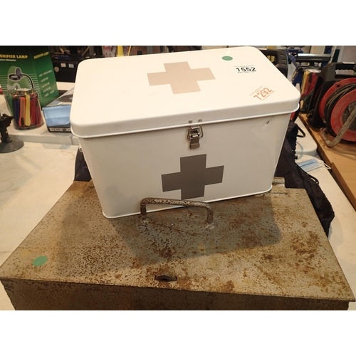 1552 - Steel lockable chest, 46 x 25 x 17 cm and first aid tin with internal drawer. Not available for in-h... 