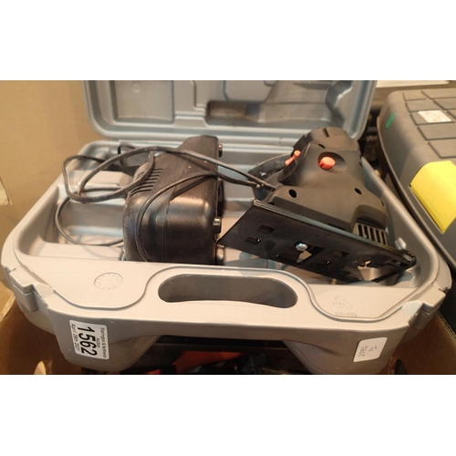 1562 - Box of mixed power tools. Not available for in-house P&P, contact Paul O'Hea at Mailboxes on 01925 6... 