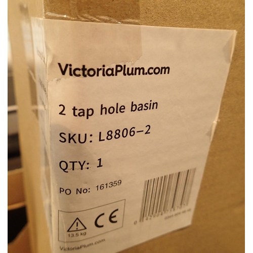 1586 - Victoria Plumb two tap hole basin and a new unused Victoria Plum bathroom sink pedestal Not availabl... 