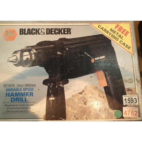 1593 - Cased Black and Decker electric drill with selection of drill bits. Not available for in-house P&P, ... 