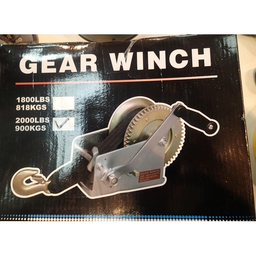 1604 - Boxed 2000lbs gear winch. Not available for in-house P&P, contact Paul O'Hea at Mailboxes on 01925 6... 