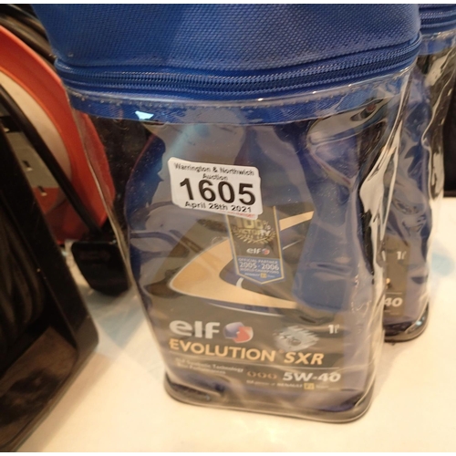 1605 - Two Elf Evolution 5xr 5w 40 motor oil 1 litre bottles. Not available for in-house P&P, contact Paul ... 