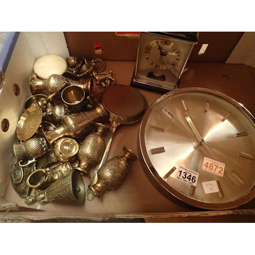 1346 - Mixed brassware and three clocks. Not available for in-house P&P, contact Paul O'Hea at Mailboxes on... 