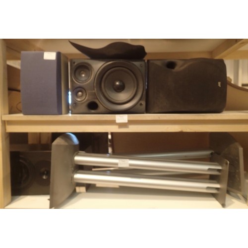 1423C - Two metal free standing speaker stands and a selection of modern music speakers. Not available for i... 