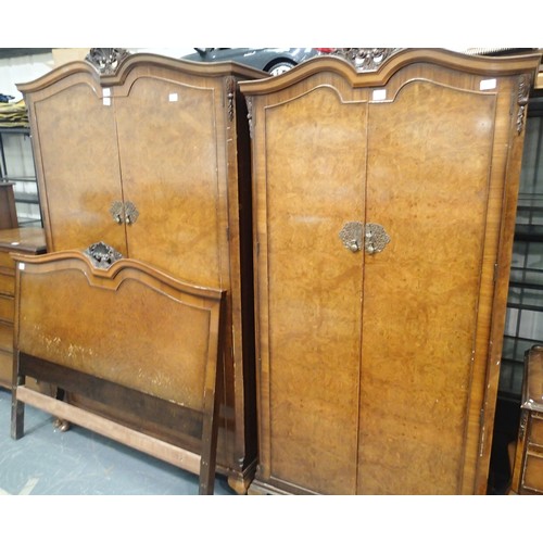 1485 - Gold and Feather, an Art Deco birdseye walnut suite of bedroom furniture, comprising large two door ... 