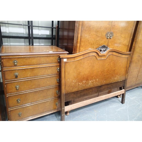 1485 - Gold and Feather, an Art Deco birdseye walnut suite of bedroom furniture, comprising large two door ... 