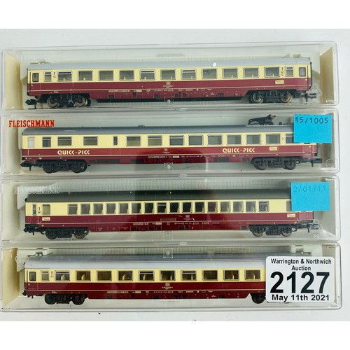 2127 - 4x Fleischmann N Gauge DB Passenger Coaches in Case Boxes  P&P Group 1 (£14+VAT for the first lot an... 