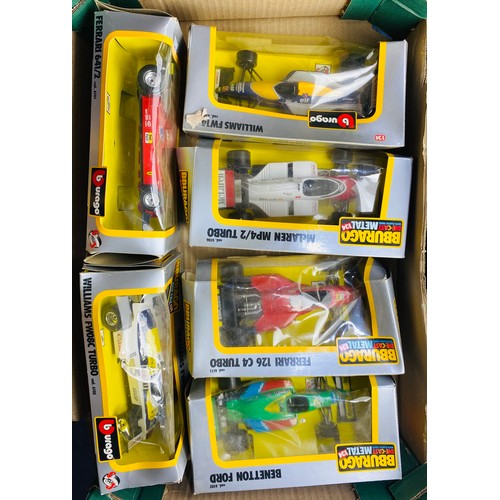 2142 - 6x Burago 1/24 Scale F1 Cars (1983 Issue) - Outer boxes are tired, cars appear OK P&P P&P Group 2 (£... 