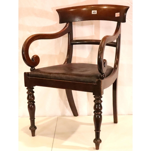 406 - A Regency mahogany gentlemans elbow desk chair with later upholstered drop-in seat. Not available fo... 