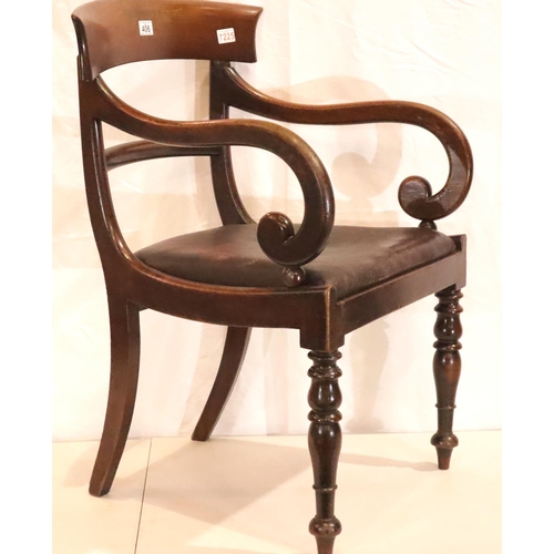 406 - A Regency mahogany gentlemans elbow desk chair with later upholstered drop-in seat. Not available fo... 