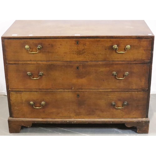 408 - Mahogany chest of three long drawers on bracket feet, 120 x 64 x 86 cm H. Not available for in-house... 