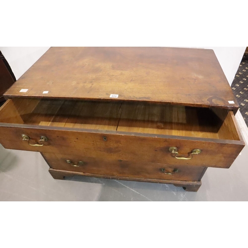 408 - Mahogany chest of three long drawers on bracket feet, 120 x 64 x 86 cm H. Not available for in-house... 