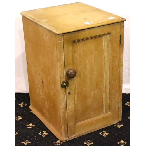 409 - A Victorian stripped pine single door pot cupboard 40 x 46 x 61 cm H, lacking feet and interior shel... 