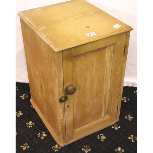 409 - A Victorian stripped pine single door pot cupboard 40 x 46 x 61 cm H, lacking feet and interior shel... 