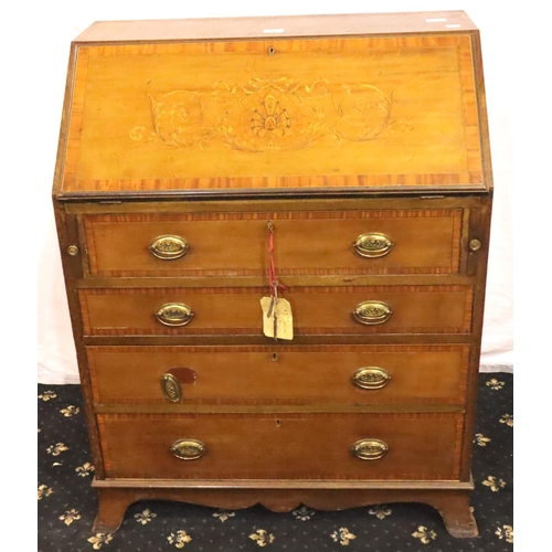 411 - Edwardian crossbanded inlaid bureau with fitted interior. Not available for in-house P&P, contact Pa... 